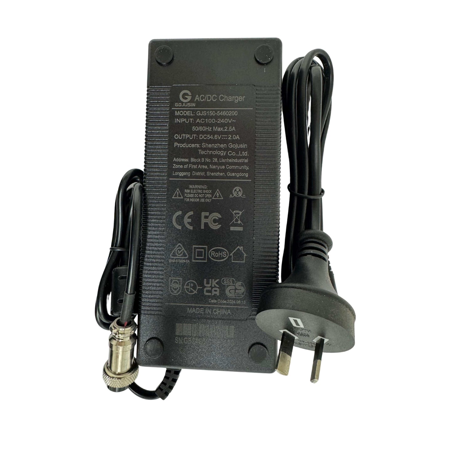 48V 2A standard 3-pin e-scooter charger with 54.6V max output and GMA-513229-EA certification