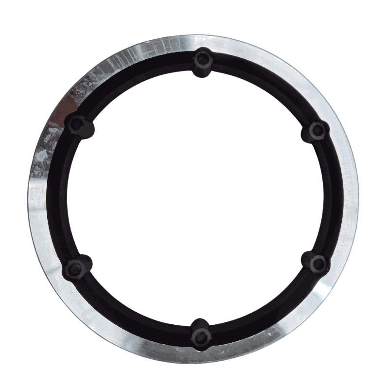 Phoenix Outer Motor Rim with silver metal outer edge and black inner section featuring six bolt holes for secure attachment.