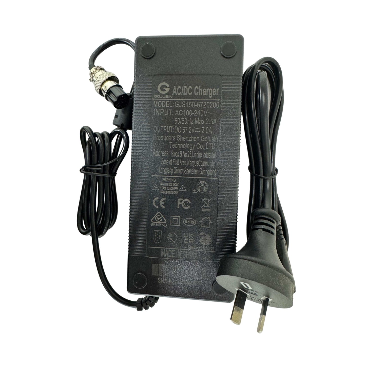 60V 2A standard 3-pin charger for electric scooters with 67.2V max output and safety certification