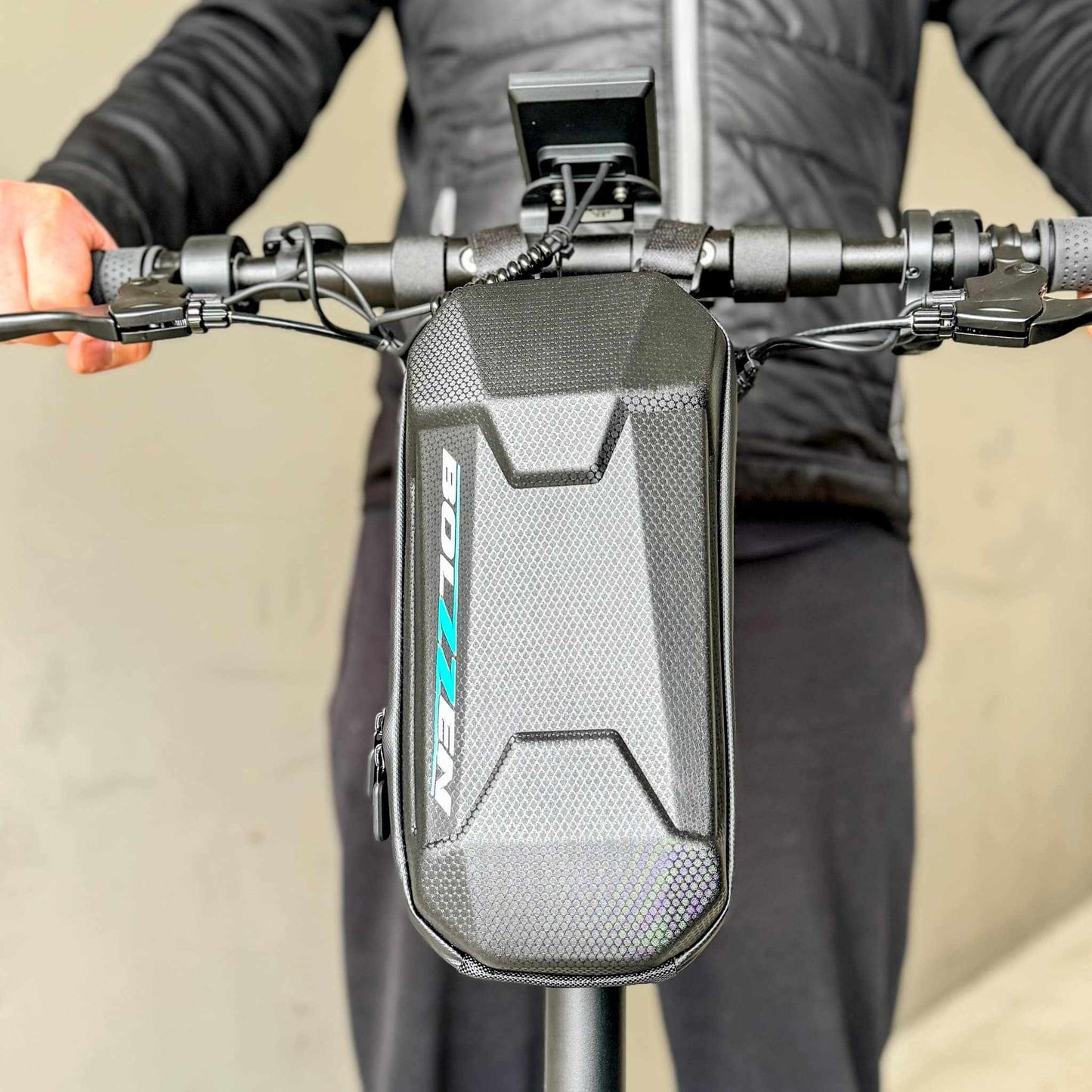Waterproof hard shell scooter bag Bolzzen in black with logo for electric scooters