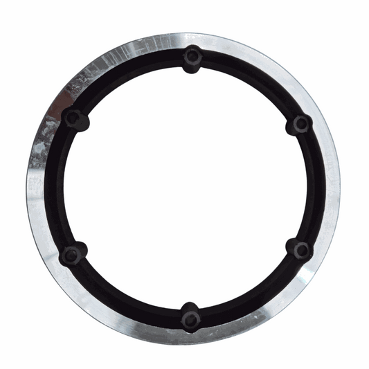 Phoenix Outer Motor Rim with silver metal outer edge and black inner section featuring six bolt holes for secure attachment.