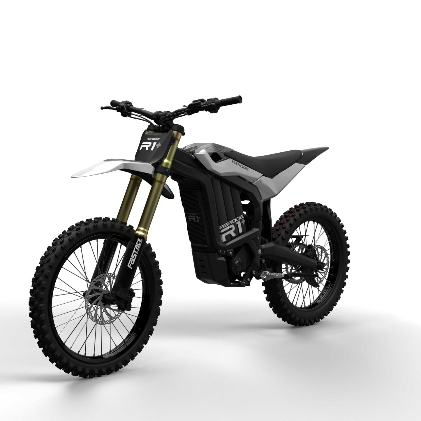 Rerode R1+ 17kW electric dirt bike in action on off-road trail with rugged terrain and suspension details visible