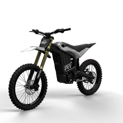Rerode R1+ 17kW electric dirt bike in action on off-road trail with rugged terrain and suspension details visible